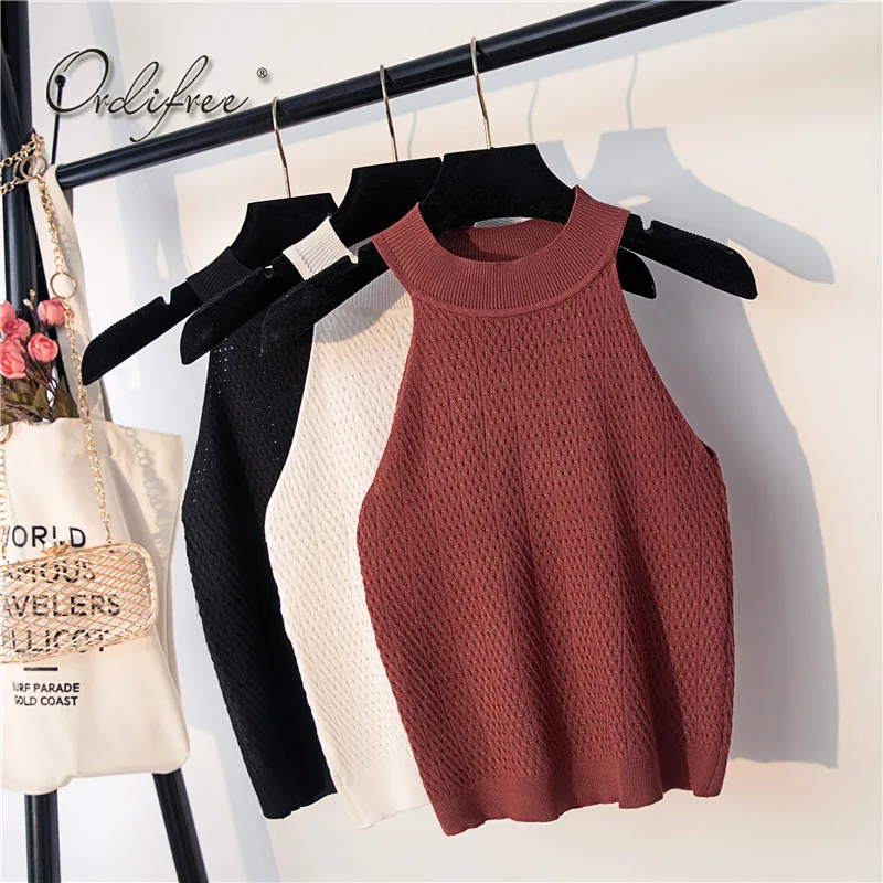 

Ordifree 2019 Summer Off Shoulder Top Halter Tank Top Camisole Sleeveless Short Tshirt Knitted T-shirt Sexy Crop Top