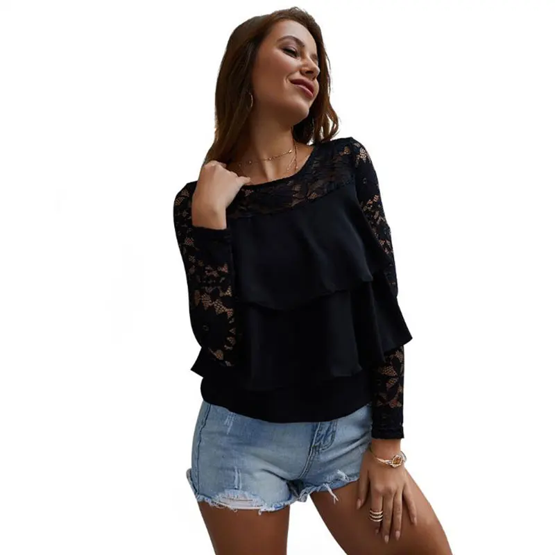 

2019 long sleeve lace shirt loose top temperament commuter black lace T-shirt