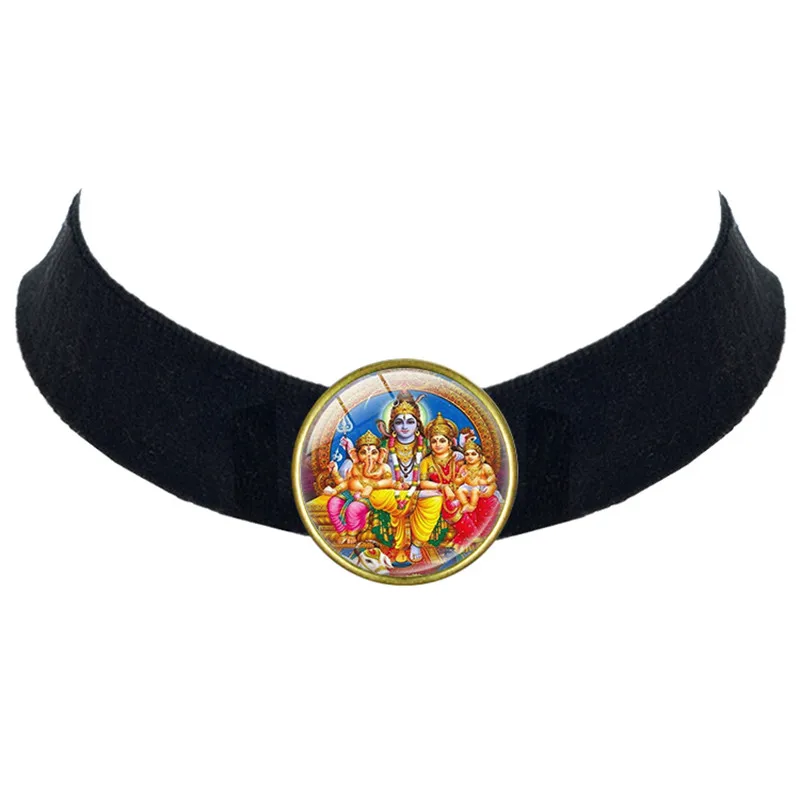 

India Necklace God Brahma Vishnu Lord Shiva Jewelry Glass Cabochon Vintage Velvet Choker Pendant Necklaces Religion Jewelry