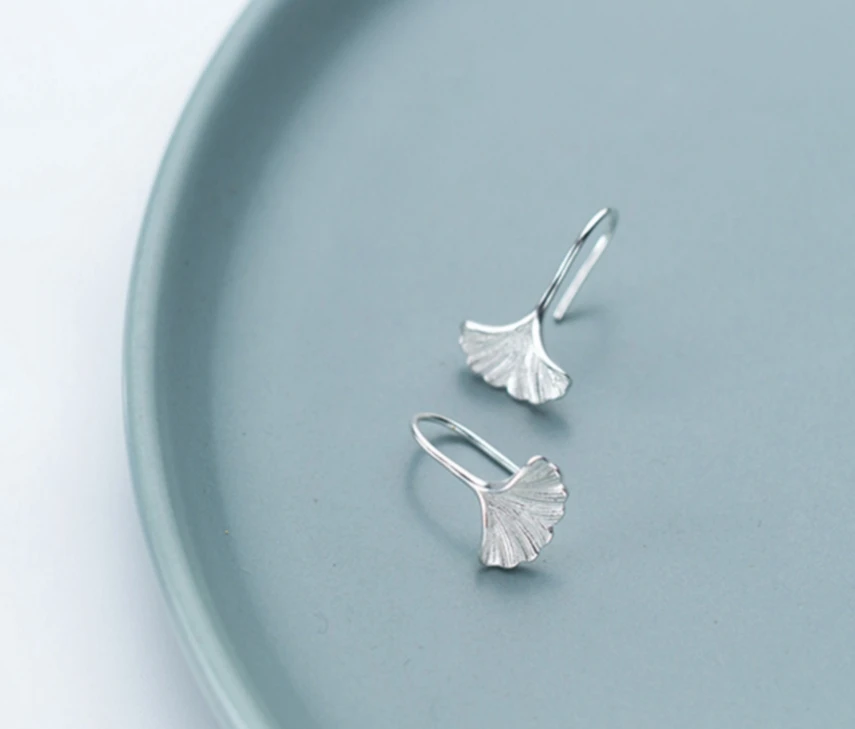 

925 Sterling Silver Ginkgo Biloba Leaf Little Hook Earrings A1121