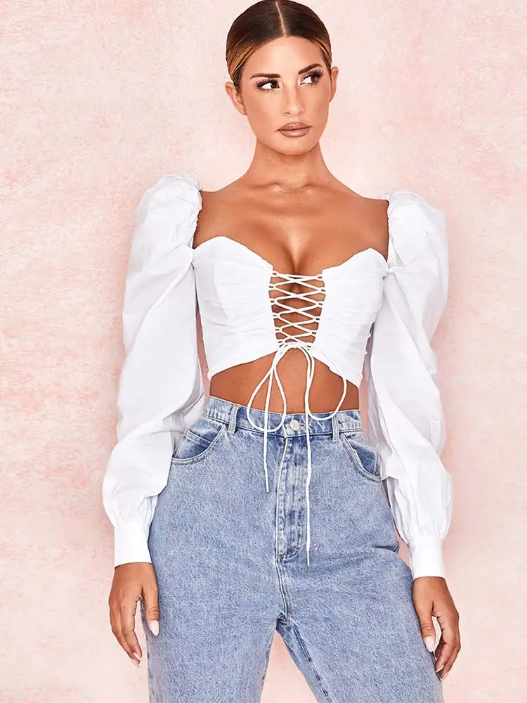 

Ahagaga 2019 Vintage Hollow Out Lace Up Long Sleeve T Shirt Sexy Bandage Square Neck Shirt Slim Puff Sleeve Crop Tops Short Tops