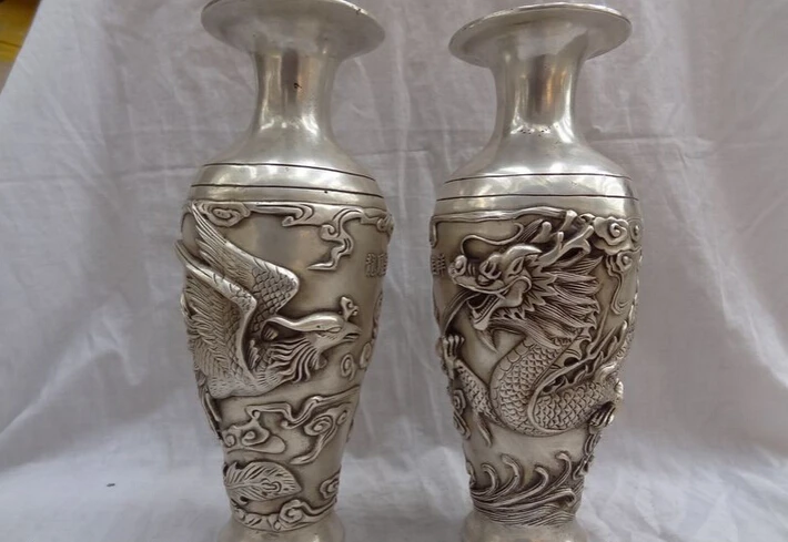 

S5276 11" Chinese Silver Carved Dragon Phoenix Statue Twin Bronze Flower Pot Vase Pair D0318