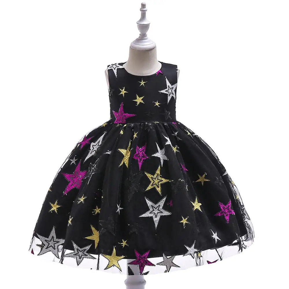 Модная одежда для детей, детская мода платье принцессы для девочек с принтом со звездой кружевное платье Детские костюмы вечерние-пачка с бантом для танцев милые балетки пайетки - Цвет: Черный