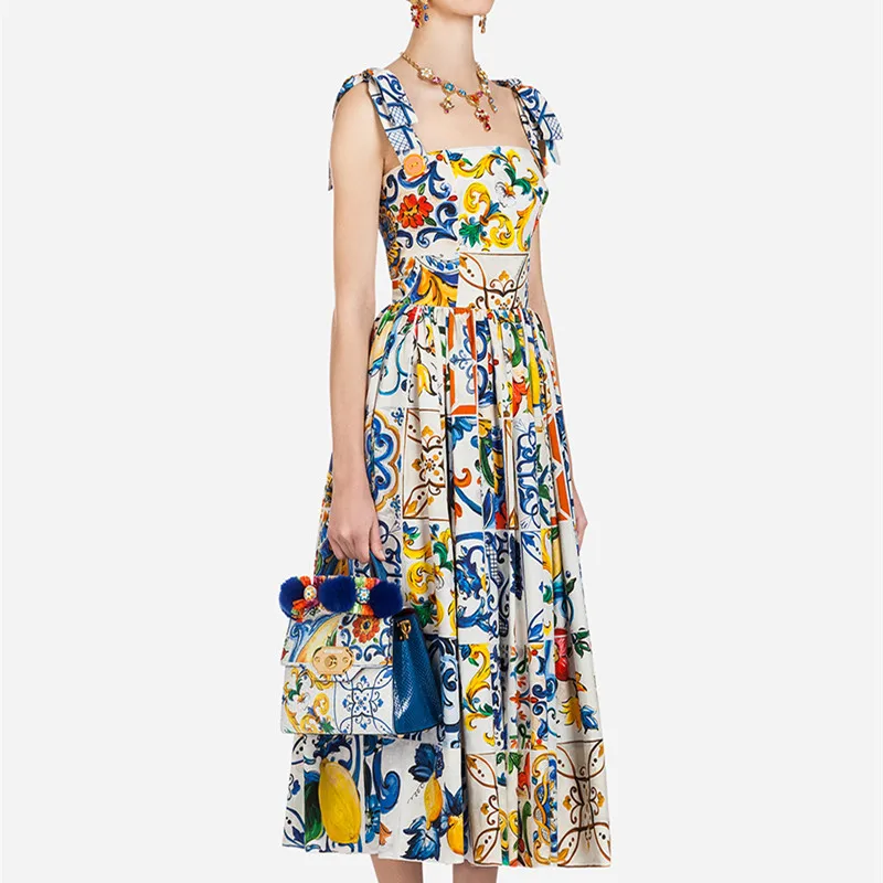 

Fashion Runway Summer Dress 2019 New Women's Bow Spaghetti Strap Backless Blue and White Porcelain Floral Print Mid Dress