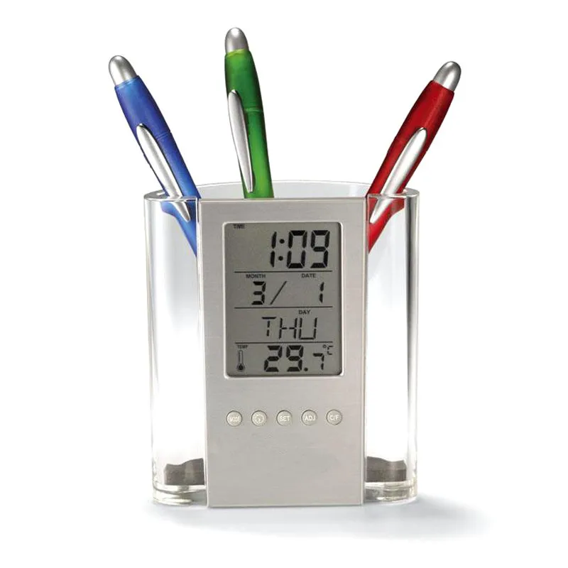 Creative Transparent Digital Clock Pen Holder Calendar Timer