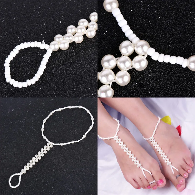 Stylish Bohemian Simulated Pearl Beads Chain Anklets for Women Beach Barefoot Sandals Crystal Toe Rings Anklet Foot Jewelry