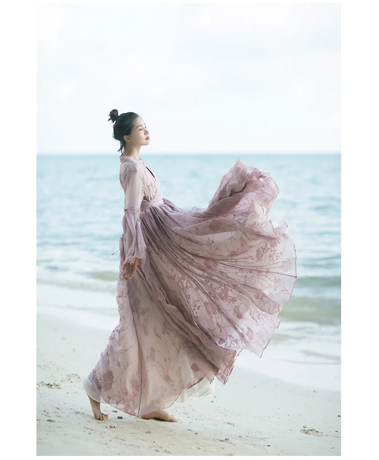MM142 Новое поступление весна лето Женское Платье макси с длинным рукавом пыльно-розовое уникальное флокированное пляжное винтажное платье