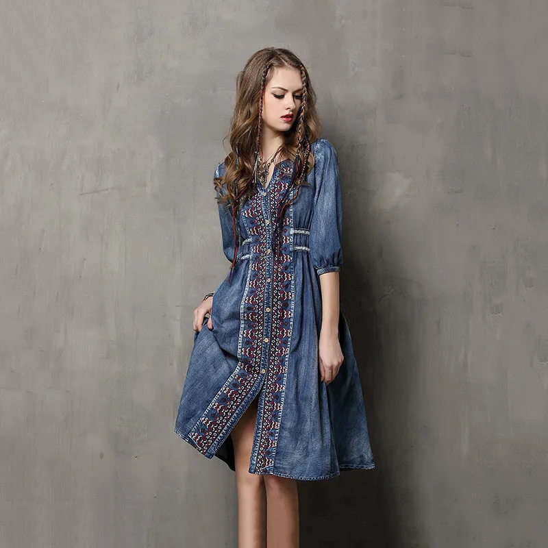 

Unique and novel brand women's clothing 2019 spring and autumn denim fabric large embroidery drawstring sleeves women dress
