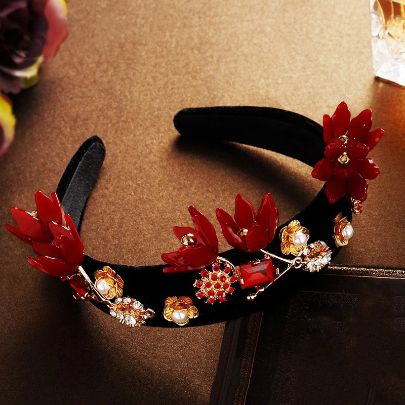 

2019 New Fashion Vintage Baroque Headband Crystal Red Flower Hairbands Women Pearl Metal Flower Headband Hair Accessories Party