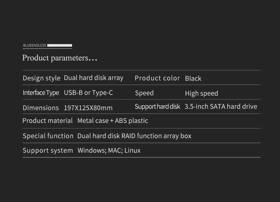 Двойной корпус для массива жесткого диска 3,5 ''с функцией RAID 4 режима USB3.1 Тип C дисковый блок 2 отсека для резервного копирования данных