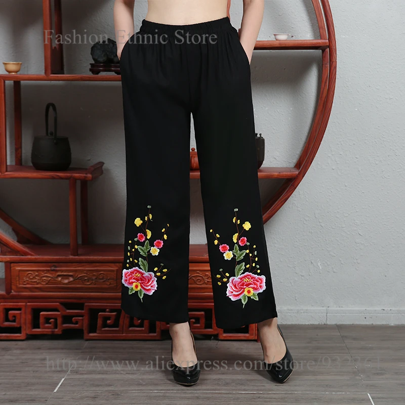 

2018 summer new arrival Retro embroidered cotton Linen Black straight pants casual elastic waist Women Trousers calcas feminina