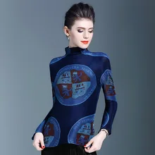 Европа и США женская футболка раза печати худощавое водолазка с длинными рукавами рубашки плиссированные