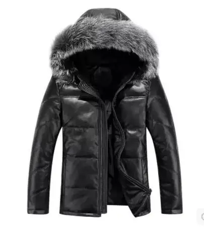 M-3XL, новинка, мужской зимний пуховик из натуральной кожи, Мужская короткая куртка из овчины с воротником из лисьего меха, повседневная куртка с капюшоном - Цвет: black