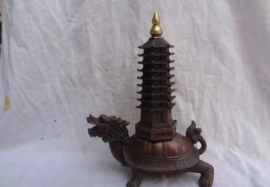 

song voge gem S2670 10" Chinese Bronze FengShui Wealth Dragon Turtle Stupa Statue Set Sculpture