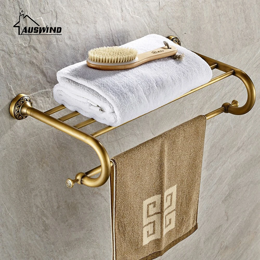 European Gold Plated Double Towel Bath Rack Mounting Hanger Bathroom Towel Rack Fixed Brass