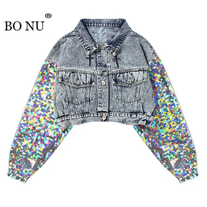 

Fashion Denim Jacket Handmade Sequins Women's Jeans Slim Short Jeans Jacket Shimmer Spliced Jeans Coat Casual Girls Outwear