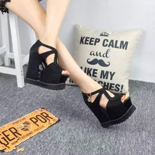 Europe hollow sandals sexy high with shoes Spring 2016 increased within a single shoe slope with heavy-bottomed platform shoes