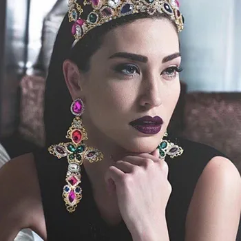 

Europe Gold Color Big Cross Earrings For Women Large Long Earrings Jewelry Fashion Rhinestones Dangle Earrings Bijoux 2018