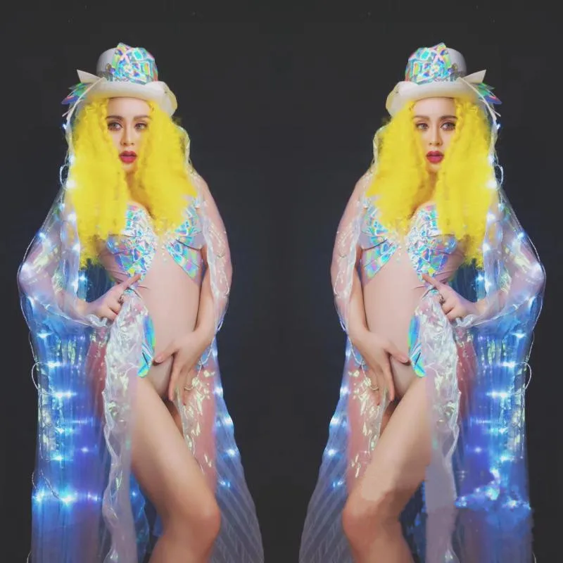 

DC35 Singer stage wears led cloak bellydance wings glowing bar perform led costumes dj bodysuit sequin bodysuit wears dress club