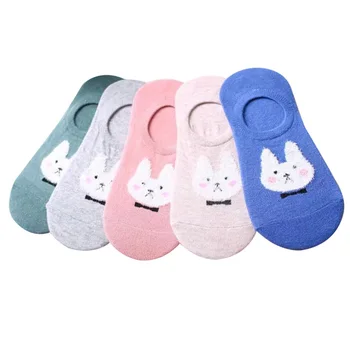 

5 Pairs Ear Rabbit Invisible Short Women's Socks Sweat Comfort Cotton Girl Boat Socks Hosiery Meias Ankle Silicon Gel Low Female