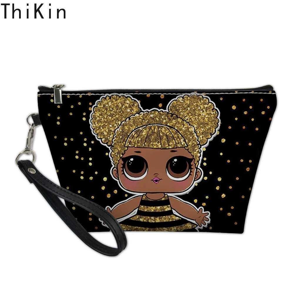 THIKIN Black Five Girls Doll Printing Makeup Bags Cute Girl Cosmetic Bag Travel Organizer Make Up Pouch Women Toiletry Bag