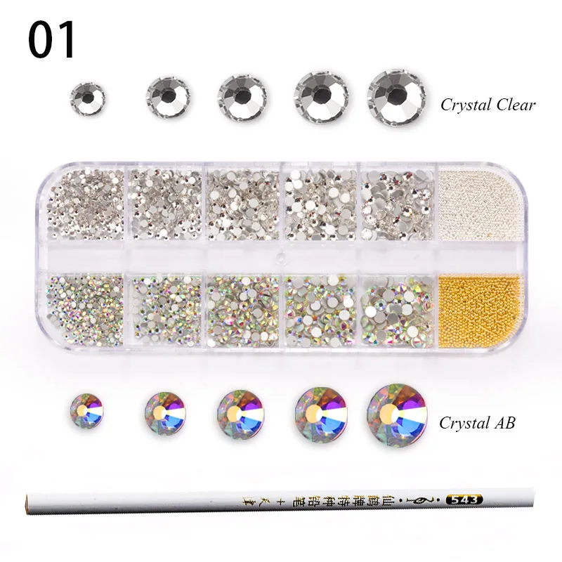 1 Box Double Colorful Mixed Size Strass Crystal Glass Rhinestone With Metal Beads Nail Rhinestones For Nails Art Decorations - Цвет: 01