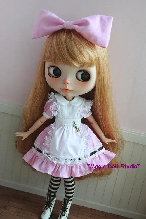 

[MG118] 2019 Shipping Neoblythe Doll Dress # Pink Dress, Apron, Stocking and Hair Piece Set Fit for Azone Doll Outfits
