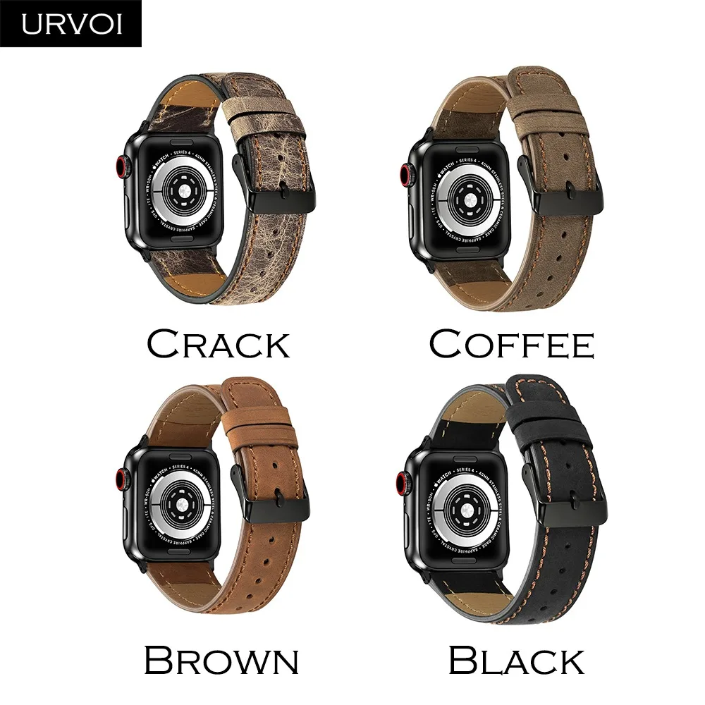 Ремешок URVOI для apple watch series 6 SE 5 4 3 2 удобный браслет из телячьей кожи с черной