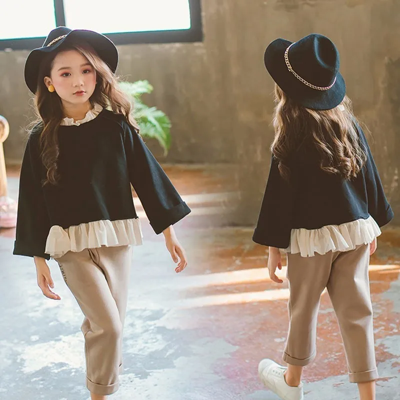 Teenage Children's Clothing Set Autumn Girls Fashion Pants Suit 2 Pcs Ruffles Tops Sweatshirts And Long Trousers Clothes Sets | Детская