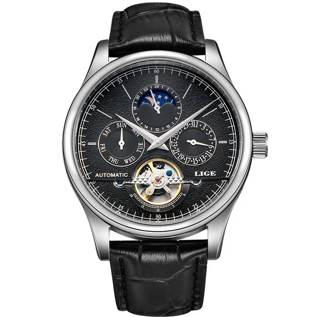 Мужские часы Топ бренд класса люкс LIGE автоматические механические часы мужские s повседневные кожаные водонепроницаемые спортивные наручные часы Relogio Masculino - Цвет: Silver black