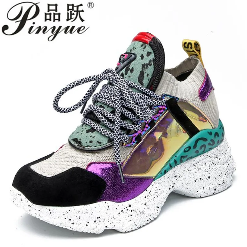 

2019 spring new women's shoes leather color matching platform casual shoes Women Chunky Sneakers Walking Shoes