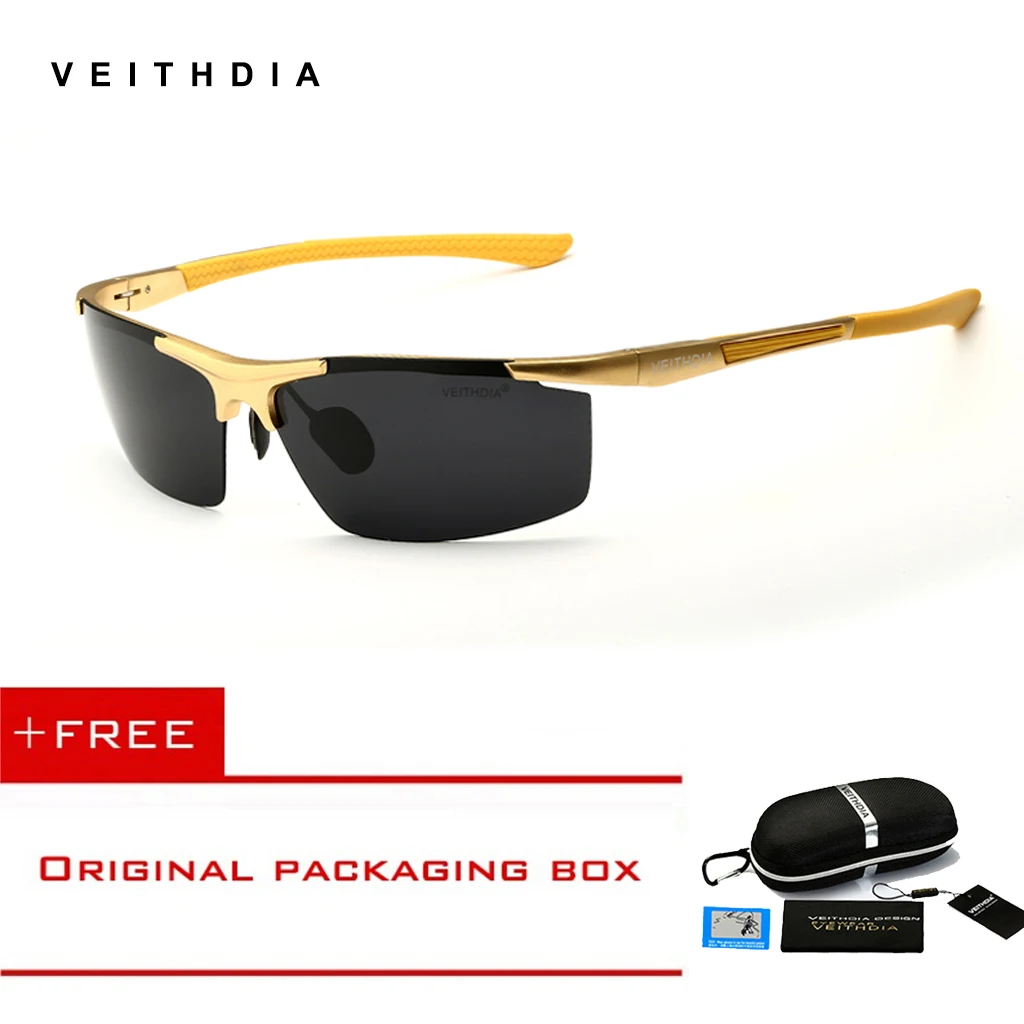 Солнцезащитные очки VEITHDIA из алюминиево-магниевого сплава, поляризационные мужские солнцезащитные очки без оправы с зеркальным покрытием, мужские очки, аксессуары 6588 - Цвет линз: Gold Grey