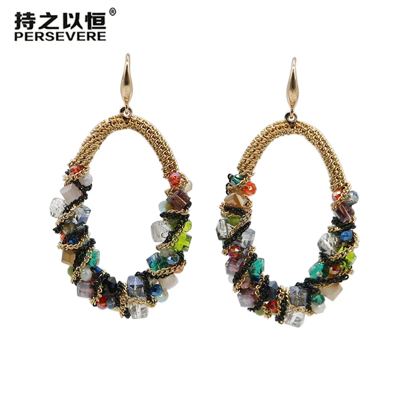 

Colorful Metal Chain Crystal Beaded Water Drop Earrings Geometric Big Earrings For Women Handmade Boho Fashion Jewelry