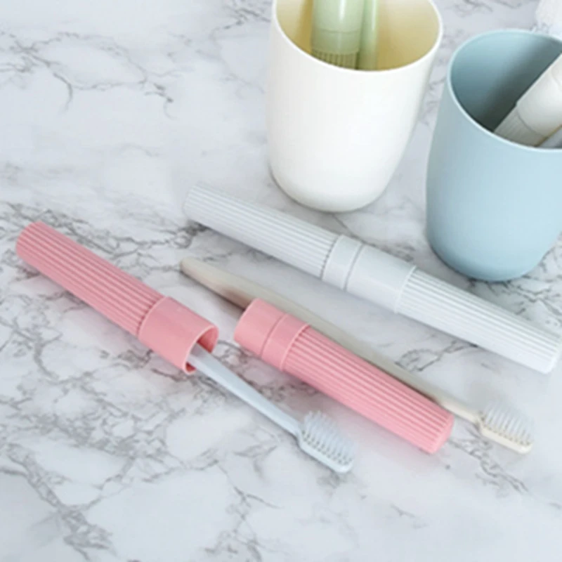 

1Pcs Portable Toothbrush Box Travel Toothbrush Storage Box Striped Compact Plastic Organizer Tube Green Pink Gray Beige 19x2x2cm