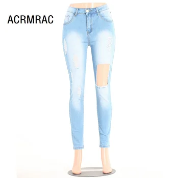 

Women jeans Slim Mid waist summer Hole Pencil pants Sexy Skinny jeans Woman 120
