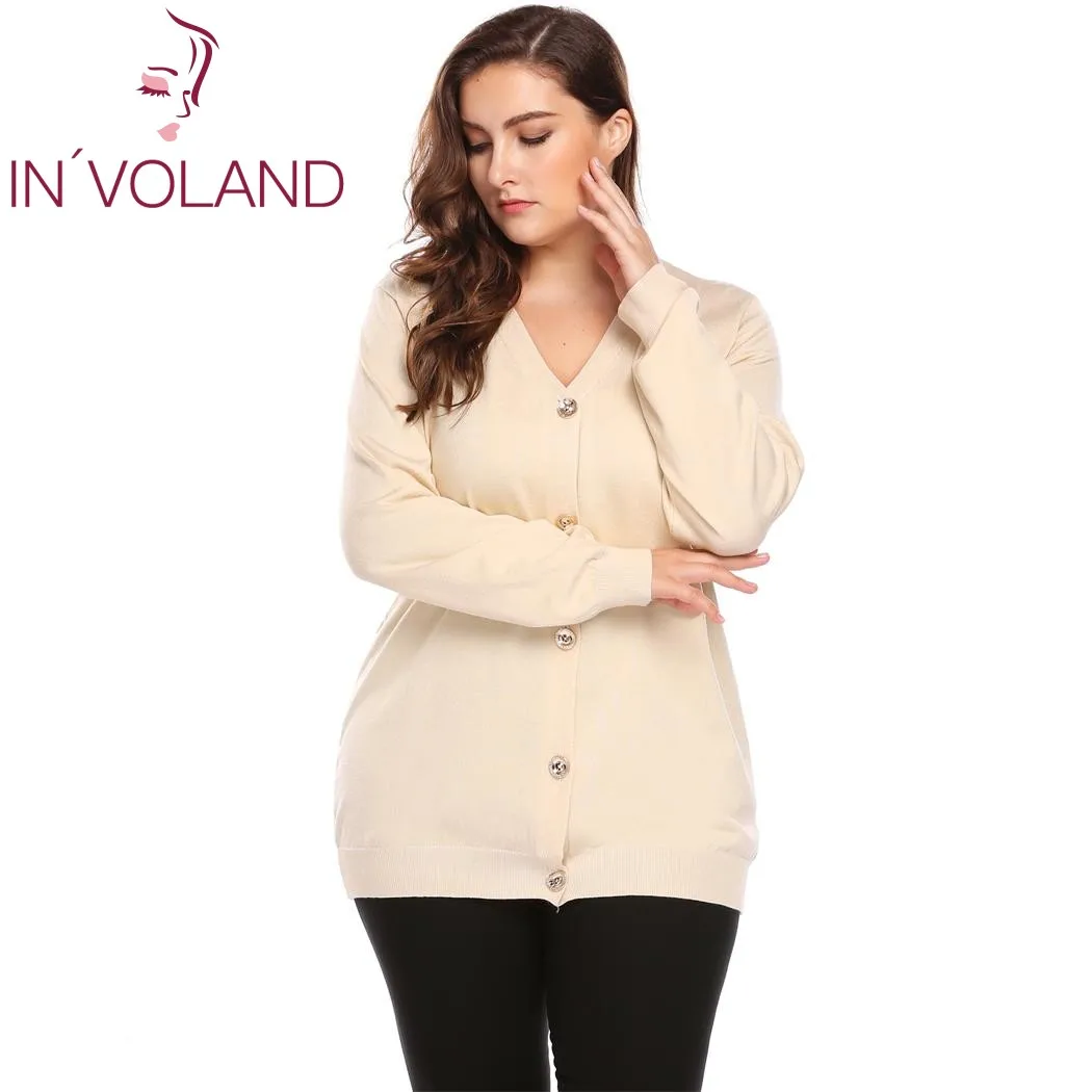 IN'VOLAND, большой размер, женский свитер, пальто, осень, Повседневный, длинный рукав, на пуговицах, однотонный, большой, джемпер, базовый, мягкий, кардиган, топы размера плюс