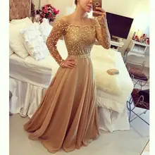 2017 neue Spitze Arabische Abendkleider Golden Globe Schulterfrei Long Sleeve Chiffon-Eine Linie Abendkleid Partei-kleid Robe EF55