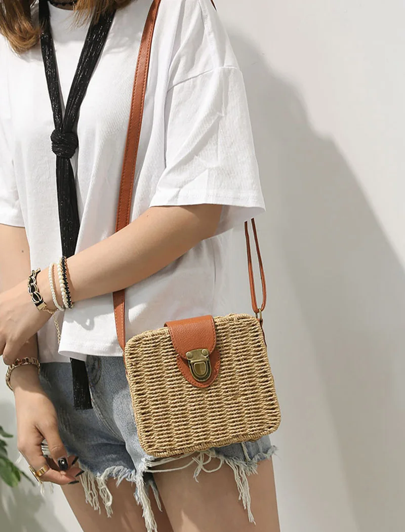 Women Shoulder Bags Casual Straw Candy Color Square Beach Bag Small Single-Shoulder Bags Fashion Designer Handbag Bolsasd SS0289 (10)