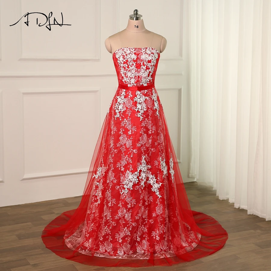 ADLN Fashion Red Prom Dress with White Applique Strapless Sleeveless A-line Tulle Evening Party Gowns Formal Dresses | Свадьбы и