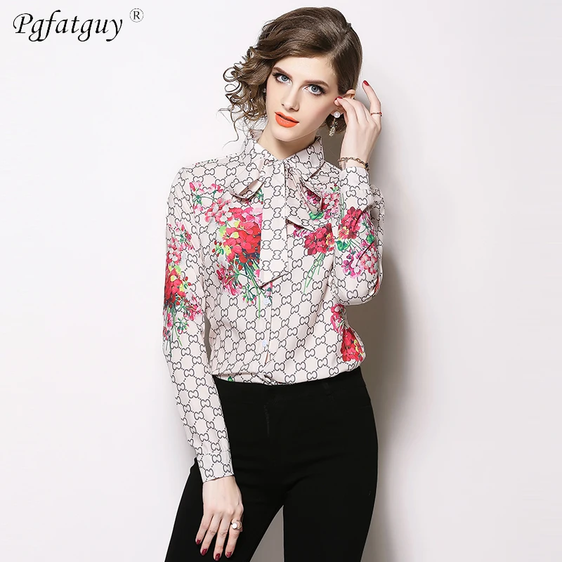 

Elegant Office Lady Turn Down Collar Tied Neck Floral Geometric Printing Blouse 2019 Spring Women Button Loose Tops And Blouses