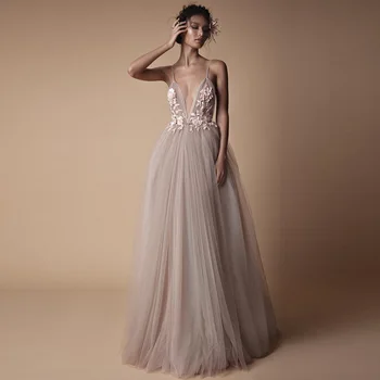 

Sexy Tulle Long Evening Dress 2019 New Arrival Backless Court Train Flowers Blush A Line Special Occasion Prom Gowns Custom Made