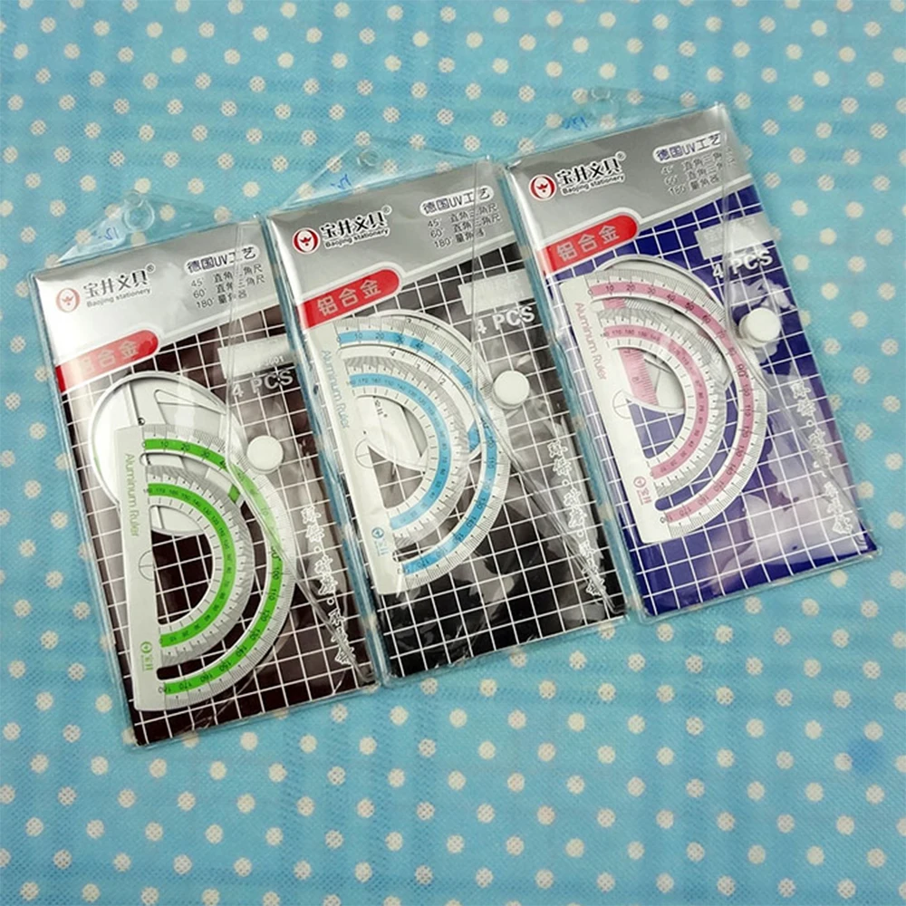 

4Pcs=1Pack students drawing school supplies Set square triangle ruler Aluminum Alloy protractor/four sets