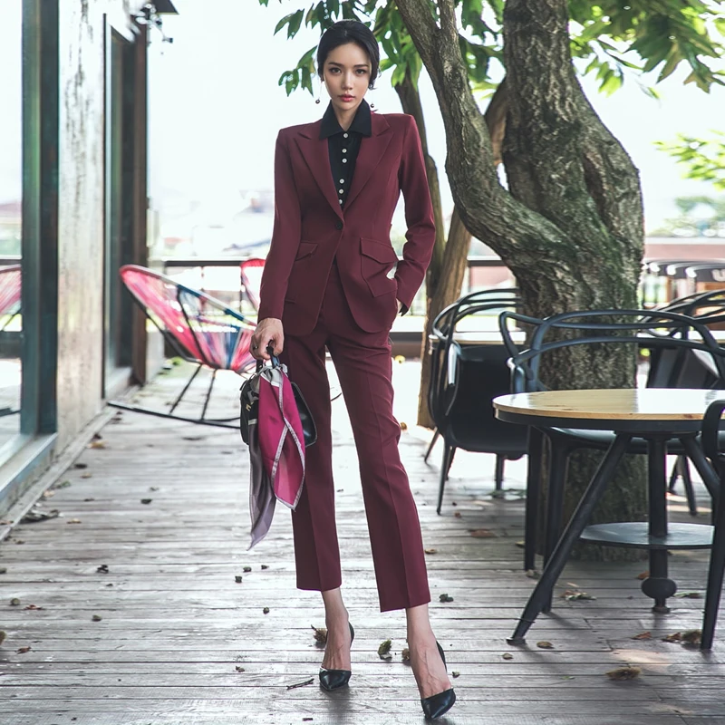 

Professional Burgundy Blazer Women Pant Suits autumn suit OL temperament Blazer & Suits and pencil pants overalls two-piece Sets