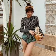 Сексуальная открытая спина печати один предмет женский купальник сёрфинга плюс размер стринги Купальники пуш-ап Мягкий с длинными рукавами купальник