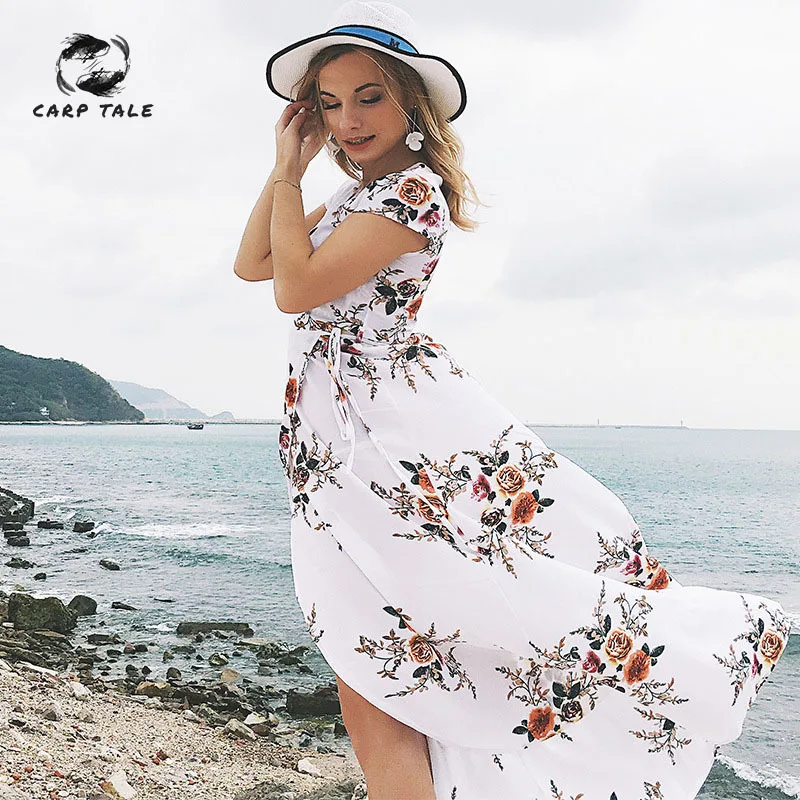 

2019 Women Summer Boho Floral Print Chiffon Long Dress Sexy Sleeveless Hem Split Maxi Dress Casual Beach Dresses CARP TALE