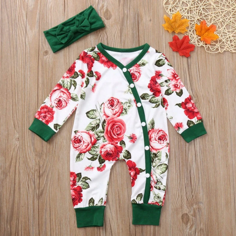 

Cukoe Baby Romper Girls Onesies Summer Cotton Kids Clothes Floral Print Jumpsuit Outfits 0-24 Months Bow Hairband