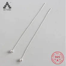 

925 Silver Chain with 4MM Ball Long Earrings for Women Silver Jewelry Simple Ear Wire Prevent allergy