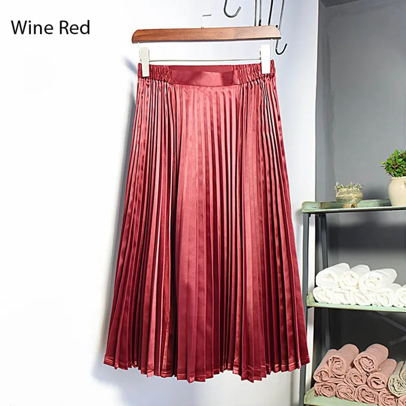 Женская юбка миди в Корейском стиле, цвета металла,, осенне-зимняя женская винтажная плиссированная юбка с высокой талией, Saias, высокое качество, SK110