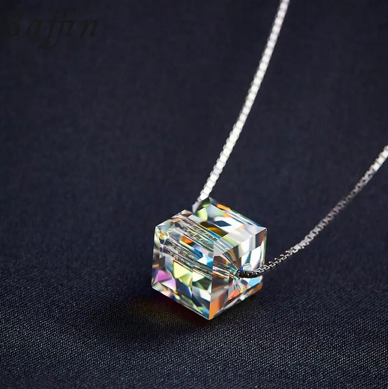 Классические кристаллы от Swarovski кубические бусы ожерелье Подвески 925 пробы Серебряная цепочка Ожерелье s для женщин свадебный шикарный подарок - Окраска металла: Crystal AB