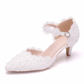 

2019 Summer Pu Leather+white Flowers White 5cm Thin Med High Heels Pumps Pointed Toe Sexy Woman Wedding Shoes Sandals XY-A0212